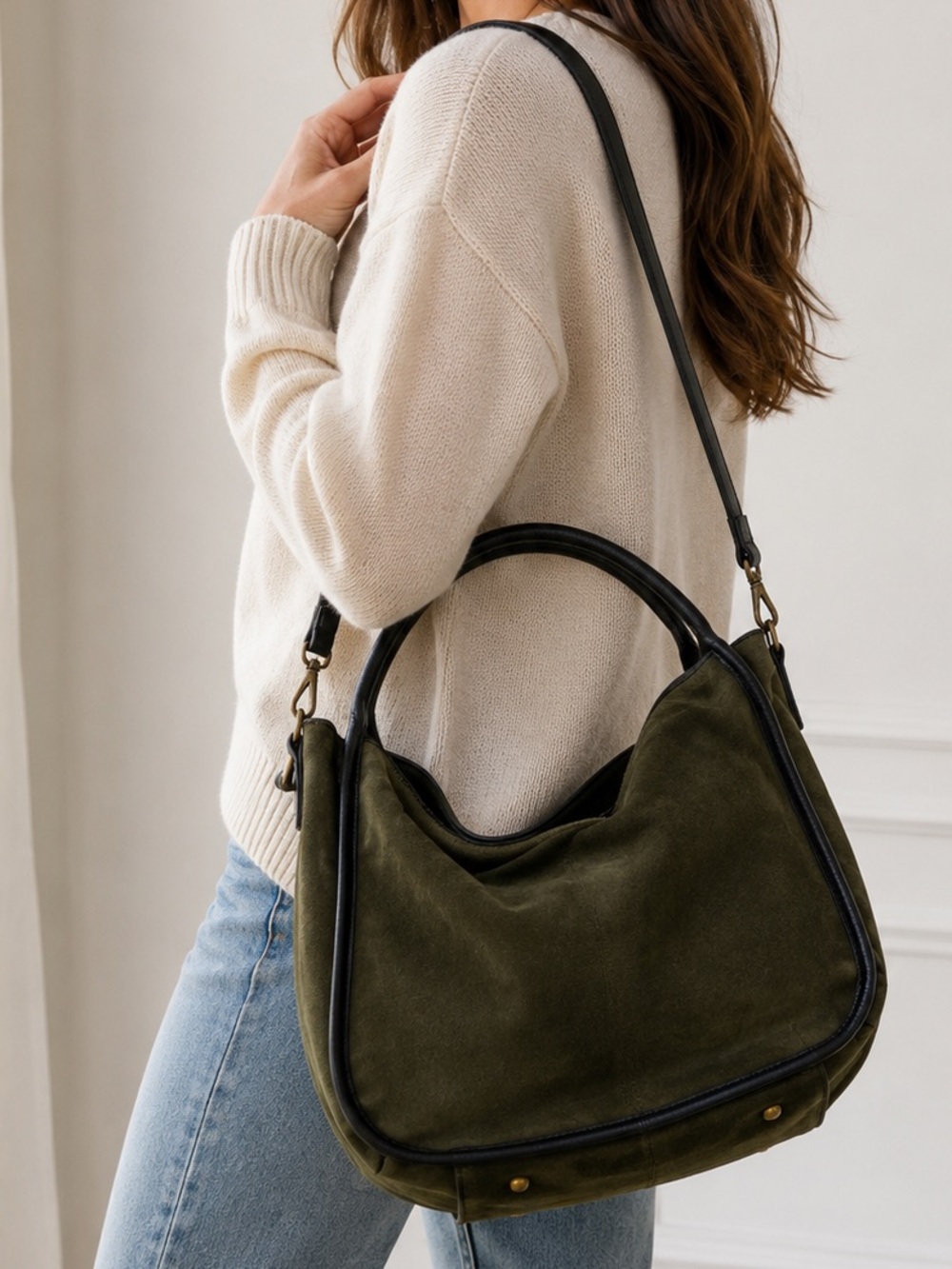 Cheval Firenze Italian Olive Green Suede Leather Hobo Shoulder Bag Made in Italy